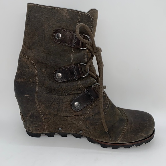 Sorel Joan Of Arc Wedge Ankle Boot Women Brown 8 Lace Up Distressed Leather - Picture 10 of 17